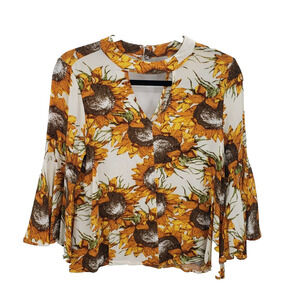 Entro Sunflower Print Knit Top Womens Size Small Bell Sleeve Keyhole Neckline